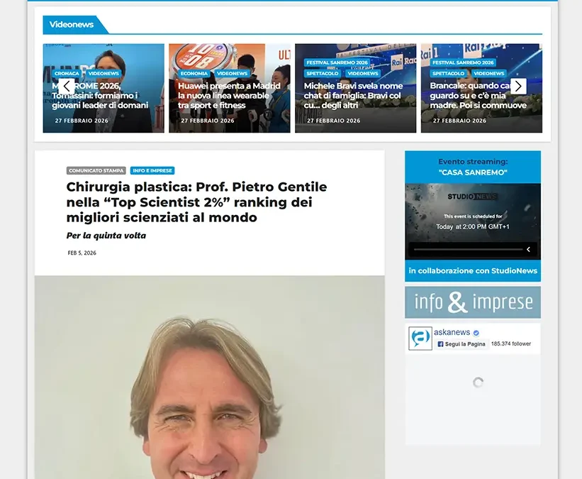 Askanews | Chirurgia plastica: Prof. Pietro Gentile nella “Top Scientist 2%” ranking dei migliori scienziati al mondo