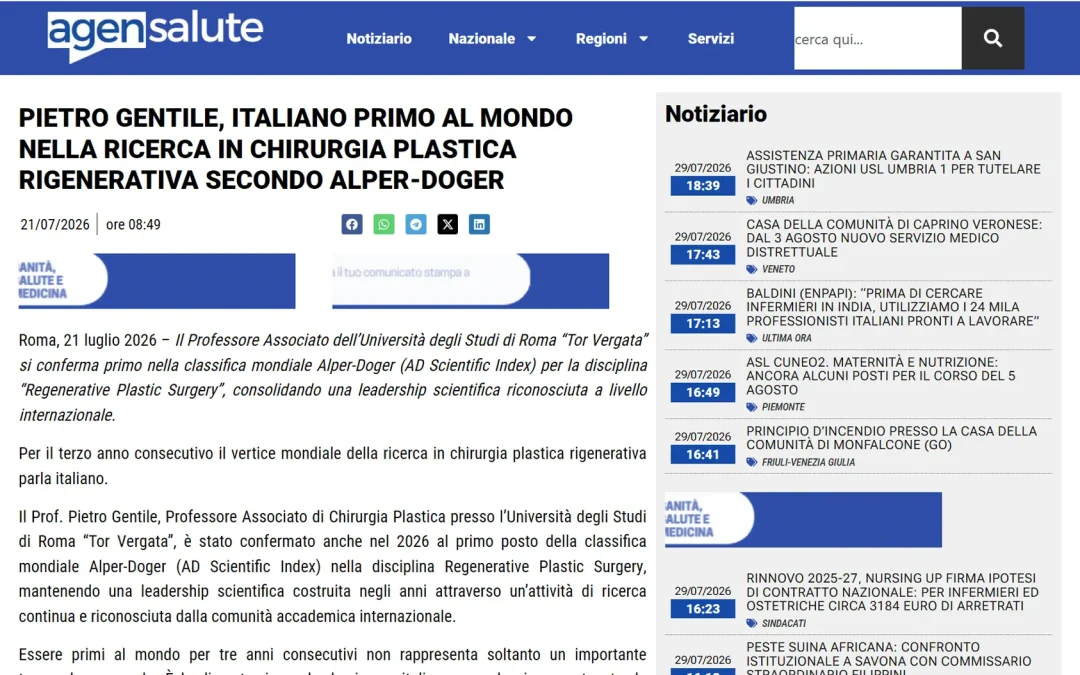 AgenSalute | Pietro Gentile, italiano primo al mondo nella ricerca in chirurgia plastica rigenerativa secondo Alper-Doger