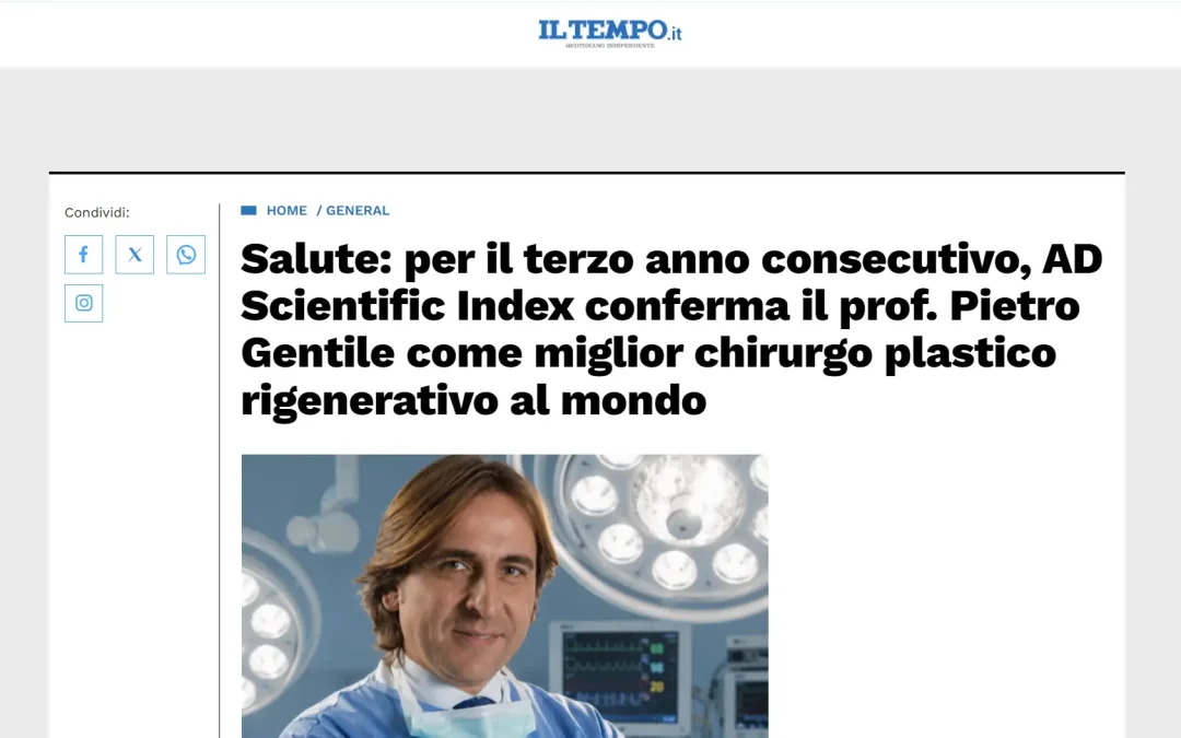 Il Tempo | Salute: per il terzo anno consecutivo, AD Scientific Index conferma il prof. Pietro Gentile come miglior chirurgo plastico rigenerativo al mondo
